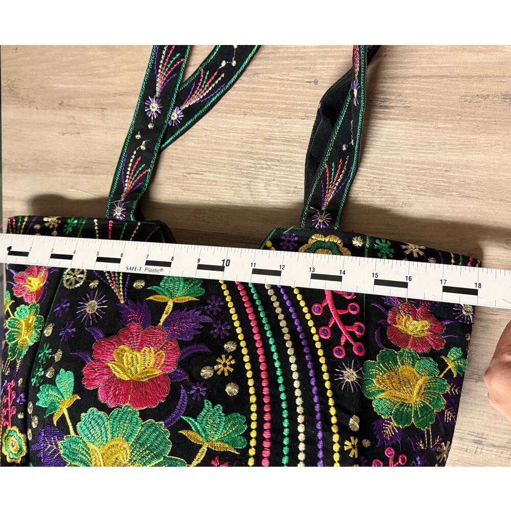 Embroidered Shoulder Tote Bag Black Floral - Picture 10 of 12